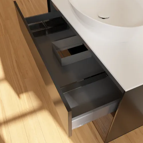 Bild von VILLEROY BOCH Finion Waschbeckenunterschrank, mit Beleuchtung, 2 Auszüge, 1000 x 603 x 501 mm, Black Matt Lacquer / Walnut Veneer / Glass White Matt #GA21GNPD