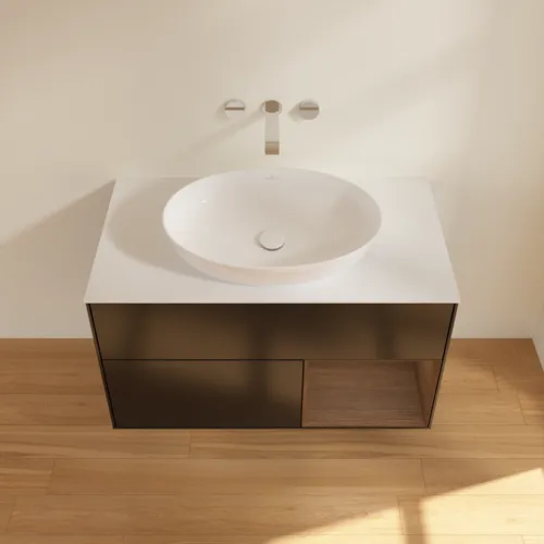 Bild von VILLEROY BOCH Finion Waschbeckenunterschrank, mit Beleuchtung, 2 Auszüge, 1000 x 603 x 501 mm, Black Matt Lacquer / Walnut Veneer / Glass White Matt #GA21GNPD