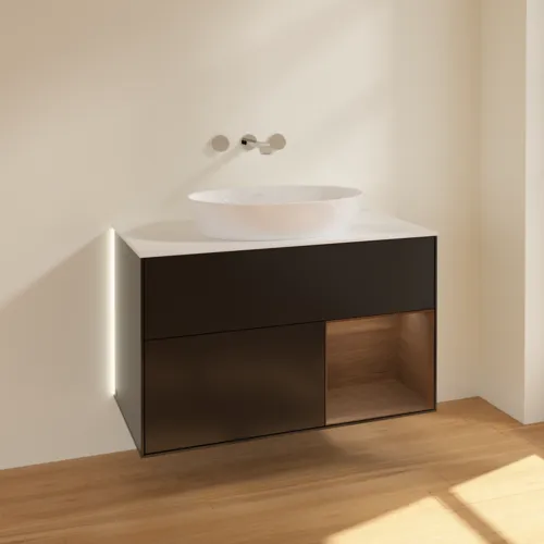 Bild von VILLEROY BOCH Finion Waschbeckenunterschrank, mit Beleuchtung, 2 Auszüge, 1000 x 603 x 501 mm, Black Matt Lacquer / Walnut Veneer / Glass White Matt #GA21GNPD