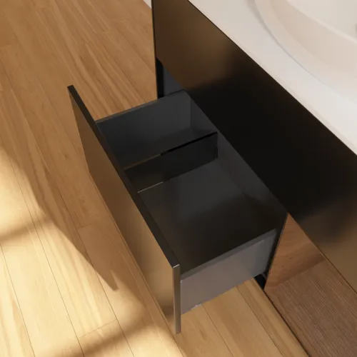 Bild von VILLEROY BOCH Finion Waschbeckenunterschrank, mit Beleuchtung, 2 Auszüge, 1000 x 603 x 501 mm, Black Matt Lacquer / Walnut Veneer / Glass White Matt #GA21GNPD