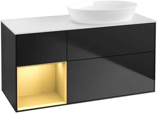 Picture of VILLEROY BOCH Finion Vanity unit, with lighting, 3 pull-out compartments, 1200 x 603 x 501 mm, Black Matt Lacquer / Gold Matt Lacquer / Glass White Matt #GA41HFPD