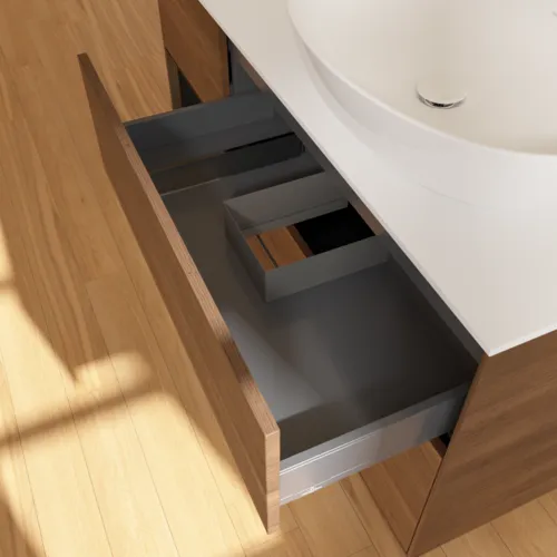 Bild von VILLEROY BOCH Finion Waschbeckenunterschrank, mit Beleuchtung, 3 Auszüge, 1200 x 603 x 501 mm, Walnut Veneer / Black Matt Lacquer / Glass White Matt #GA41PDGN