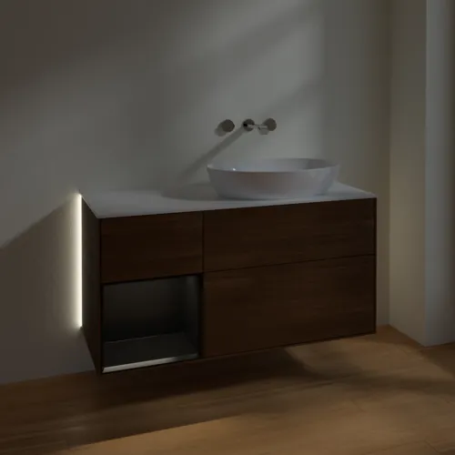 Bild von VILLEROY BOCH Finion Waschbeckenunterschrank, mit Beleuchtung, 3 Auszüge, 1200 x 603 x 501 mm, Walnut Veneer / Black Matt Lacquer / Glass White Matt #GA41PDGN