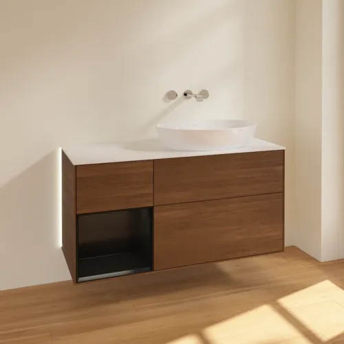 Bild von VILLEROY BOCH Finion Waschbeckenunterschrank, mit Beleuchtung, 3 Auszüge, 1200 x 603 x 501 mm, Walnut Veneer / Black Matt Lacquer / Glass White Matt #GA41PDGN