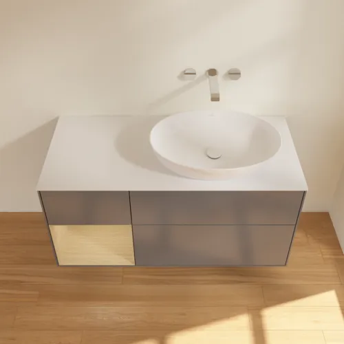 Bild von VILLEROY BOCH Finion Waschbeckenunterschrank, mit Beleuchtung, 3 Auszüge, 1200 x 603 x 501 mm, Anthracite Matt Lacquer / Oak Veneer / Glass White Matt #GA41PCGK