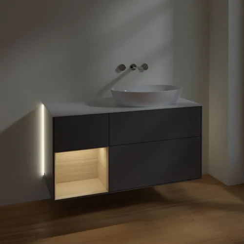 Bild von VILLEROY BOCH Finion Waschbeckenunterschrank, mit Beleuchtung, 3 Auszüge, 1200 x 603 x 501 mm, Anthracite Matt Lacquer / Oak Veneer / Glass White Matt #GA41PCGK