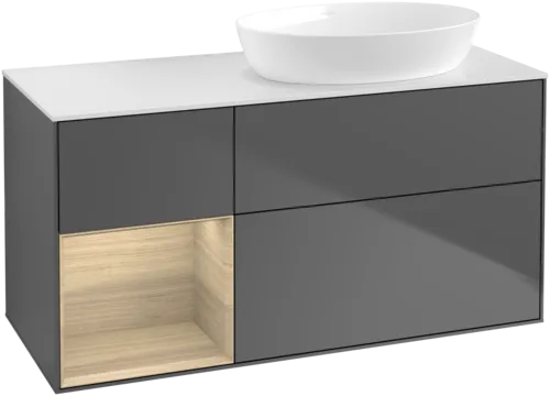 Picture of VILLEROY BOCH Finion Vanity unit, with lighting, 3 pull-out compartments, 1200 x 603 x 501 mm, Anthracite Matt Lacquer / Oak Veneer / Glass White Matt #GA41PCGK