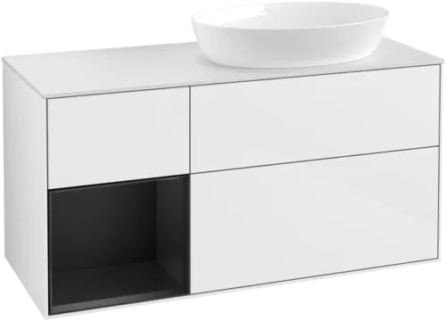 Picture of VILLEROY BOCH Finion Vanity unit, with lighting, 3 pull-out compartments, 1200 x 603 x 501 mm, Glossy White Lacquer / Black Matt Lacquer / Glass White Matt #GA41PDGF