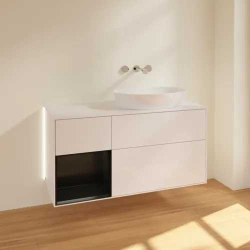 Bild von VILLEROY BOCH Finion Waschbeckenunterschrank, mit Beleuchtung, 3 Auszüge, 1200 x 603 x 501 mm, Glossy White Lacquer / Black Matt Lacquer / Glass White Matt #GA41PDGF