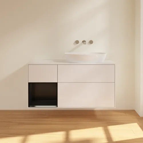 Bild von VILLEROY BOCH Finion Waschbeckenunterschrank, mit Beleuchtung, 3 Auszüge, 1200 x 603 x 501 mm, Glossy White Lacquer / Black Matt Lacquer / Glass White Matt #GA41PDGF