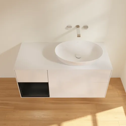 Bild von VILLEROY BOCH Finion Waschbeckenunterschrank, mit Beleuchtung, 3 Auszüge, 1200 x 603 x 501 mm, Glossy White Lacquer / Black Matt Lacquer / Glass White Matt #GA41PDGF