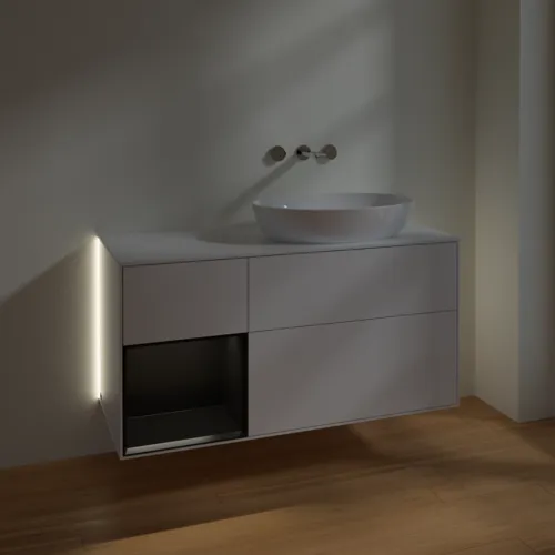 Bild von VILLEROY BOCH Finion Waschbeckenunterschrank, mit Beleuchtung, 3 Auszüge, 1200 x 603 x 501 mm, Glossy White Lacquer / Black Matt Lacquer / Glass White Matt #GA41PDGF
