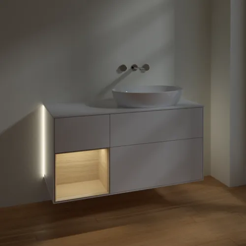 Obrázek VILLEROY BOCH Finion Vanity unit, with lighting, 3 pull-out compartments, 1200 x 603 x 501 mm, Glossy White Lacquer / Oak Veneer / Glass White Matt #GA41PCGF