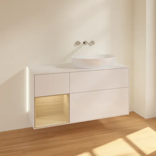 Obrázek VILLEROY BOCH Finion Vanity unit, with lighting, 3 pull-out compartments, 1200 x 603 x 501 mm, Glossy White Lacquer / Oak Veneer / Glass White Matt #GA41PCGF