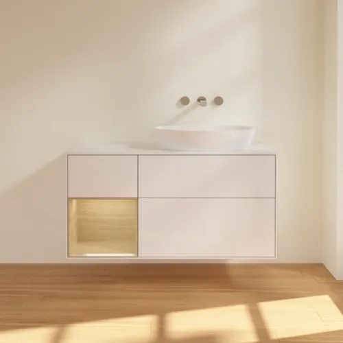 Obrázek VILLEROY BOCH Finion Vanity unit, with lighting, 3 pull-out compartments, 1200 x 603 x 501 mm, Glossy White Lacquer / Oak Veneer / Glass White Matt #GA41PCGF