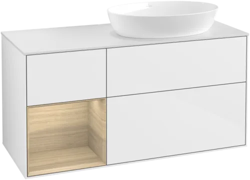 Picture of VILLEROY BOCH Finion Vanity unit, with lighting, 3 pull-out compartments, 1200 x 603 x 501 mm, Glossy White Lacquer / Oak Veneer / Glass White Matt #GA41PCGF