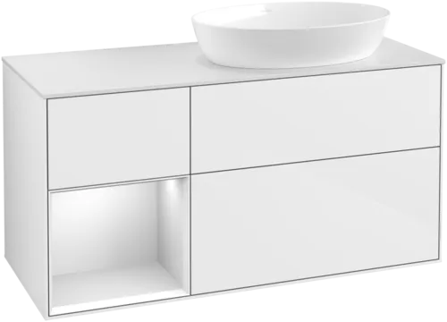 Picture of VILLEROY BOCH Finion Vanity unit, with lighting, 3 pull-out compartments, 1200 x 603 x 501 mm, Glossy White Lacquer / White Matt Lacquer / Glass White Matt #GA41MTGF