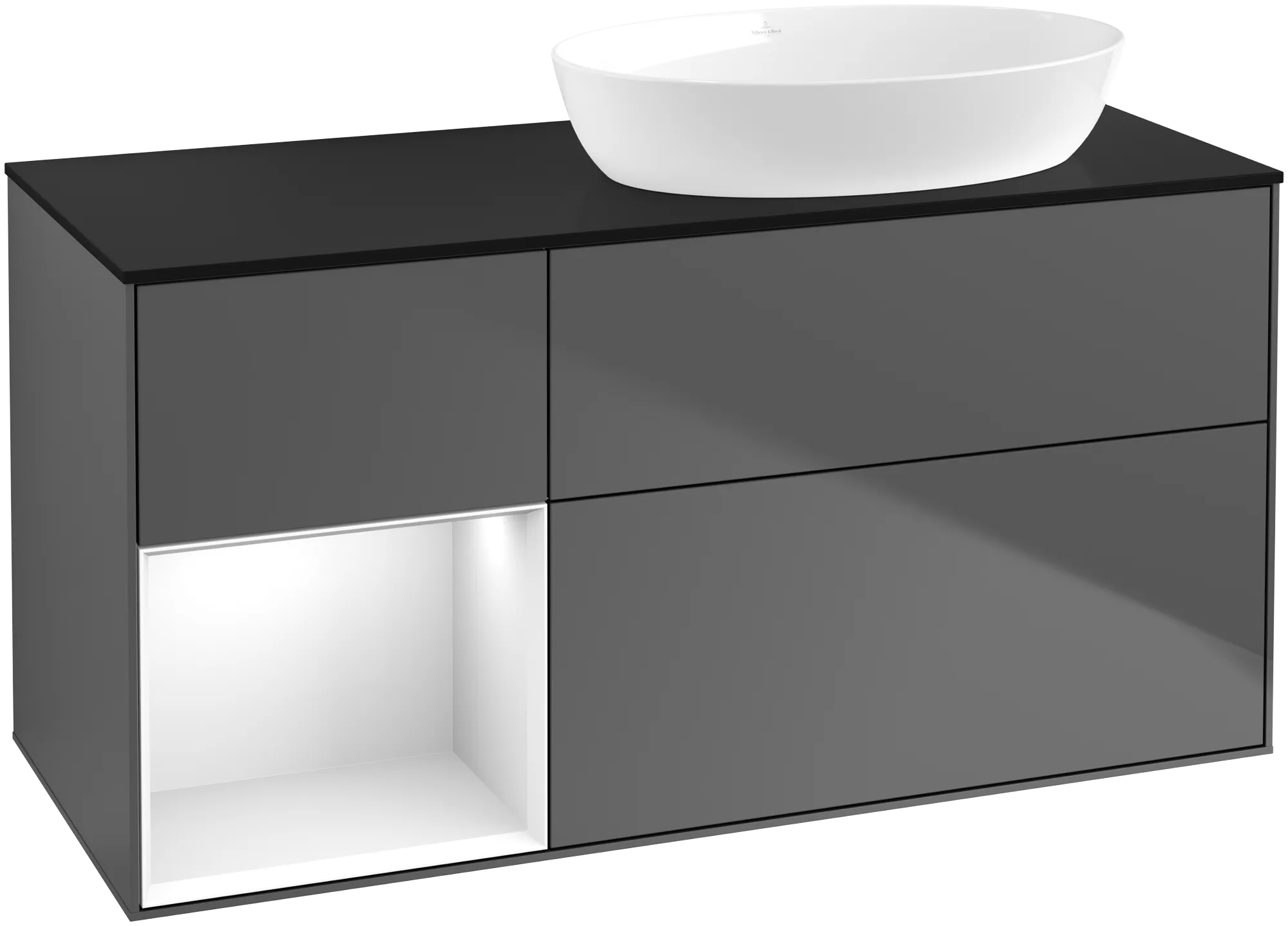Picture of VILLEROY BOCH Finion Vanity unit, with lighting, 3 pull-out compartments, 1200 x 603 x 501 mm, Anthracite Matt Lacquer / Glossy White Lacquer / Glass Black Matt #GA42GFGK