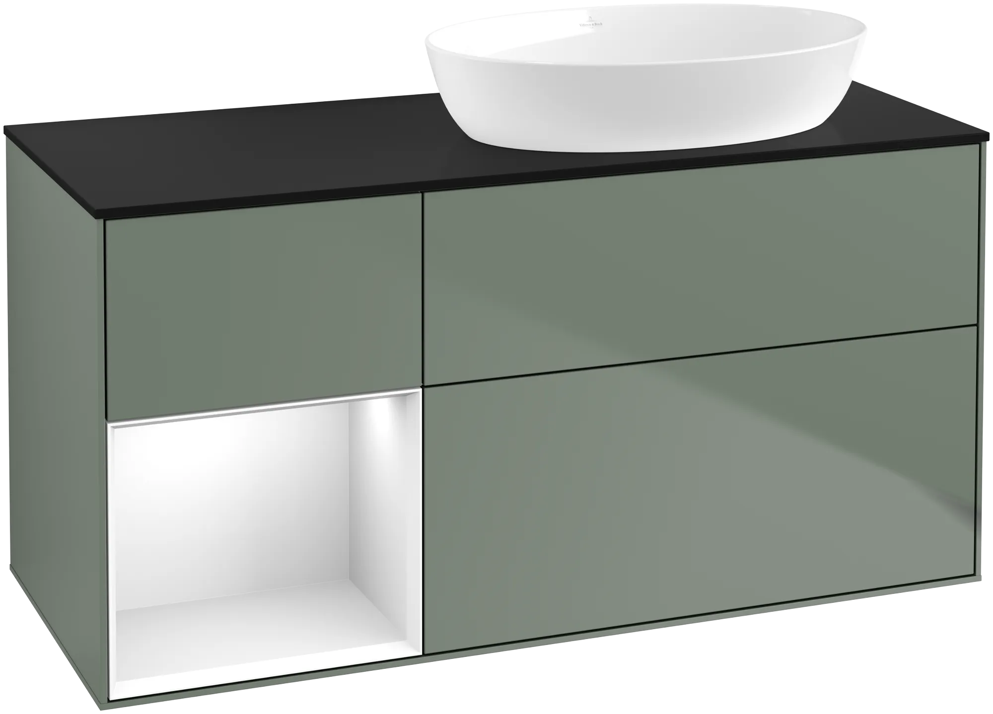 Picture of VILLEROY BOCH Finion Vanity unit, with lighting, 3 pull-out compartments, 1200 x 603 x 501 mm, Olive Matt Lacquer / Glossy White Lacquer / Glass Black Matt #GA42GFGM