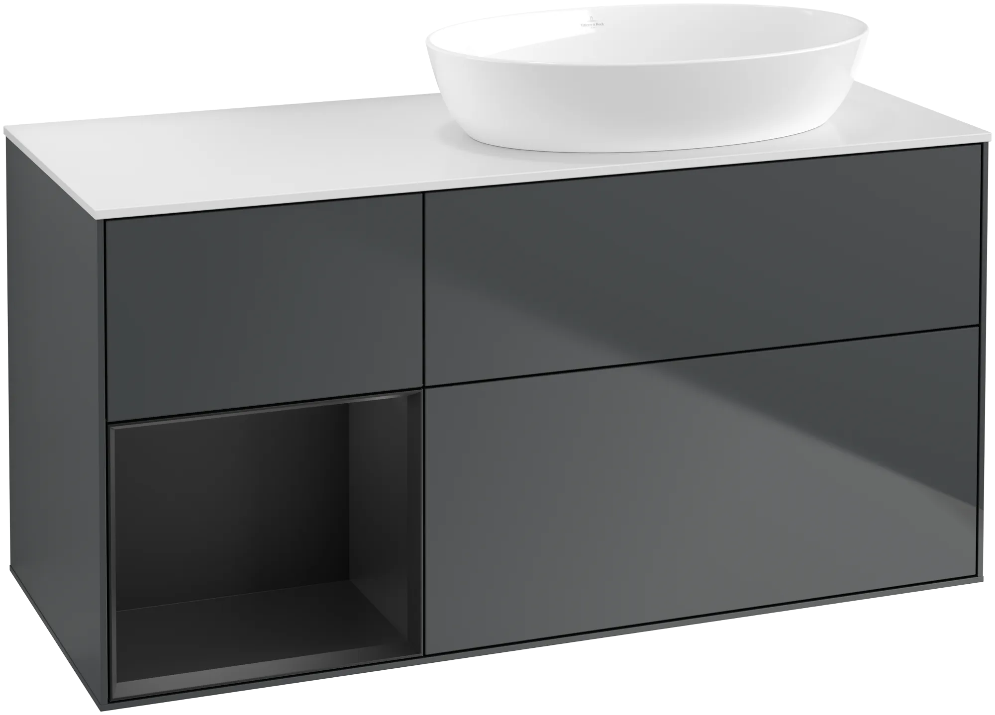 Picture of VILLEROY BOCH Finion Vanity unit, with lighting, 3 pull-out compartments, 1200 x 603 x 501 mm, Midnight Blue Matt Lacquer / Black Matt Lacquer / Glass White Matt #GA41PDHG
