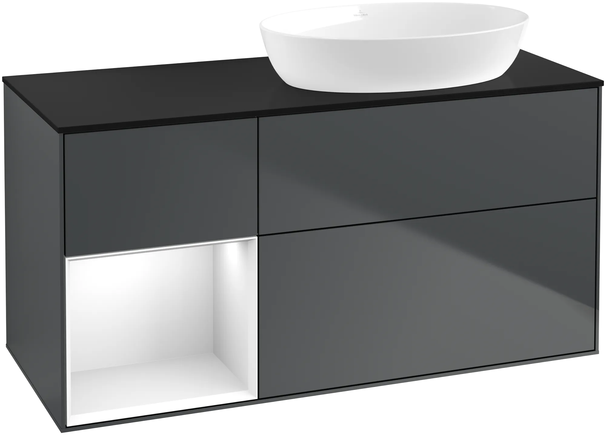 Picture of VILLEROY BOCH Finion Vanity unit, with lighting, 3 pull-out compartments, 1200 x 603 x 501 mm, Midnight Blue Matt Lacquer / Glossy White Lacquer / Glass Black Matt #GA42GFHG