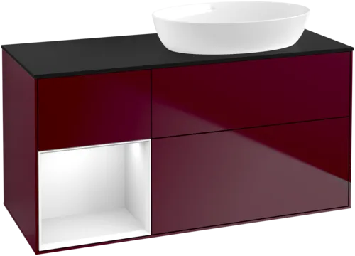 Picture of VILLEROY BOCH Finion Vanity unit, with lighting, 3 pull-out compartments, 1200 x 603 x 501 mm, Peony Matt Lacquer / Glossy White Lacquer / Glass Black Matt #GA42GFHB