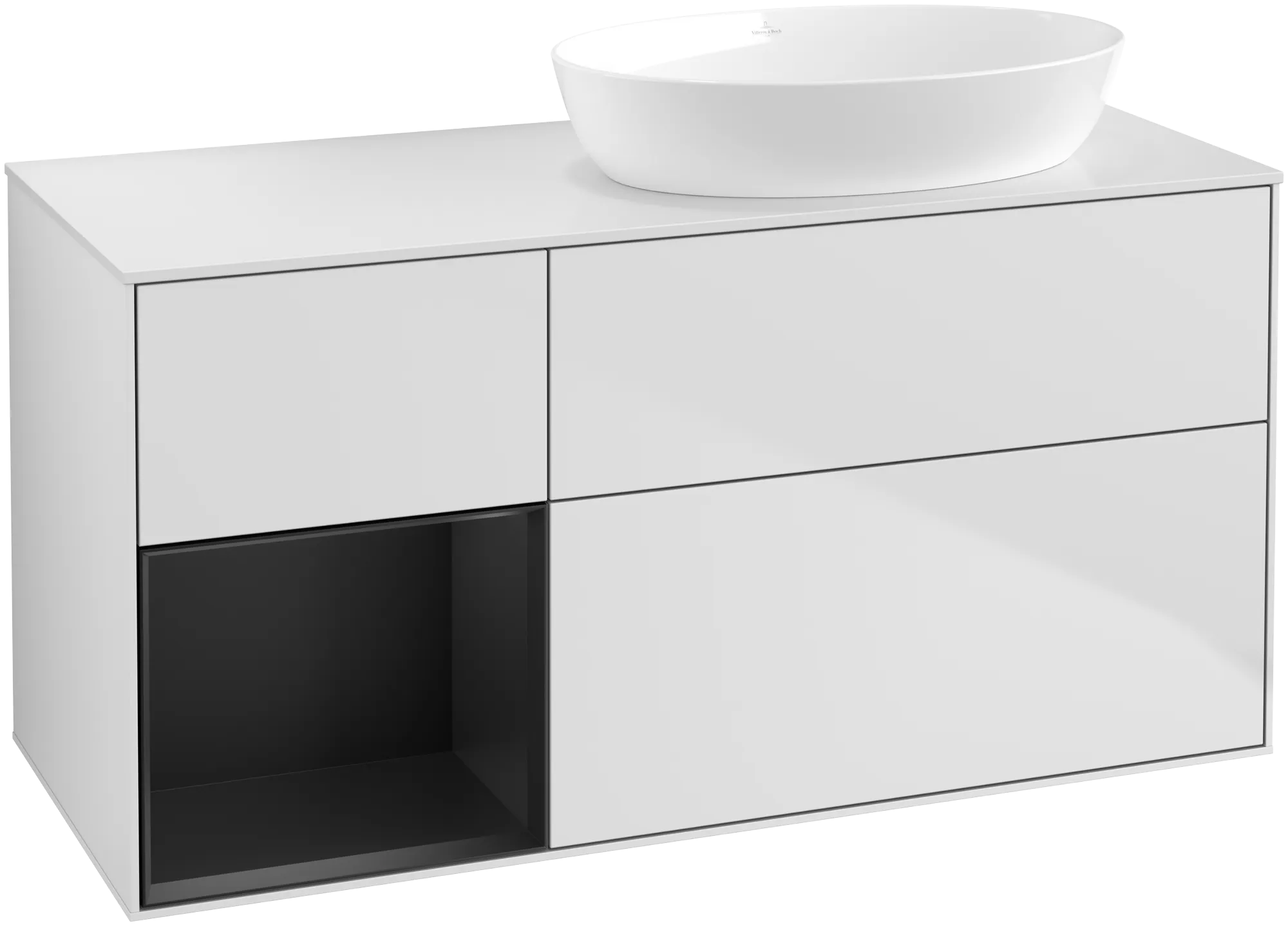 Picture of VILLEROY BOCH Finion Vanity unit, with lighting, 3 pull-out compartments, 1200 x 603 x 501 mm, White Matt Lacquer / Black Matt Lacquer / Glass White Matt #GA41PDMT