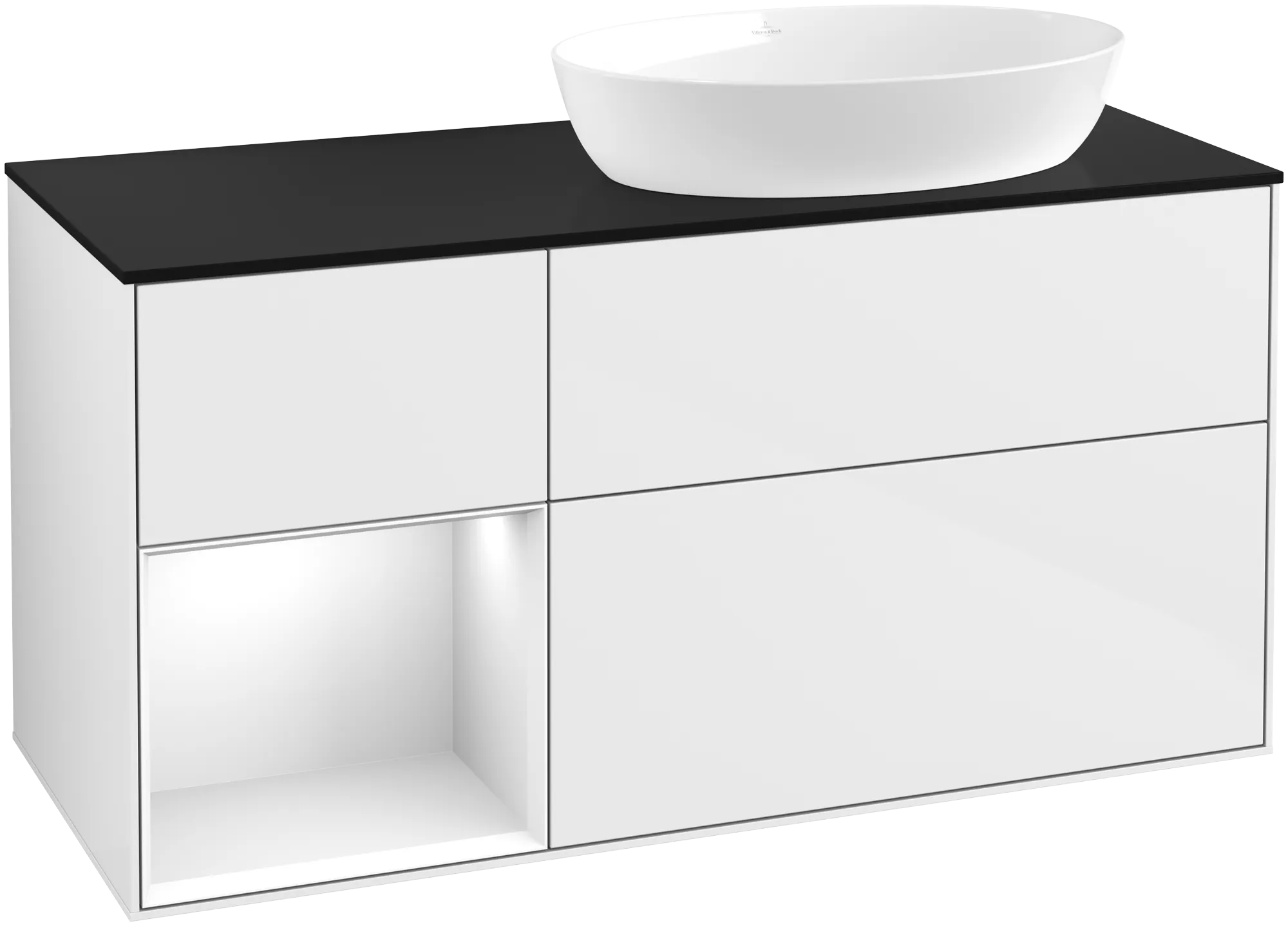 Picture of VILLEROY BOCH Finion Vanity unit, with lighting, 3 pull-out compartments, 1200 x 603 x 501 mm, Glossy White Lacquer / Glossy White Lacquer / Glass Black Matt #GA42GFGF