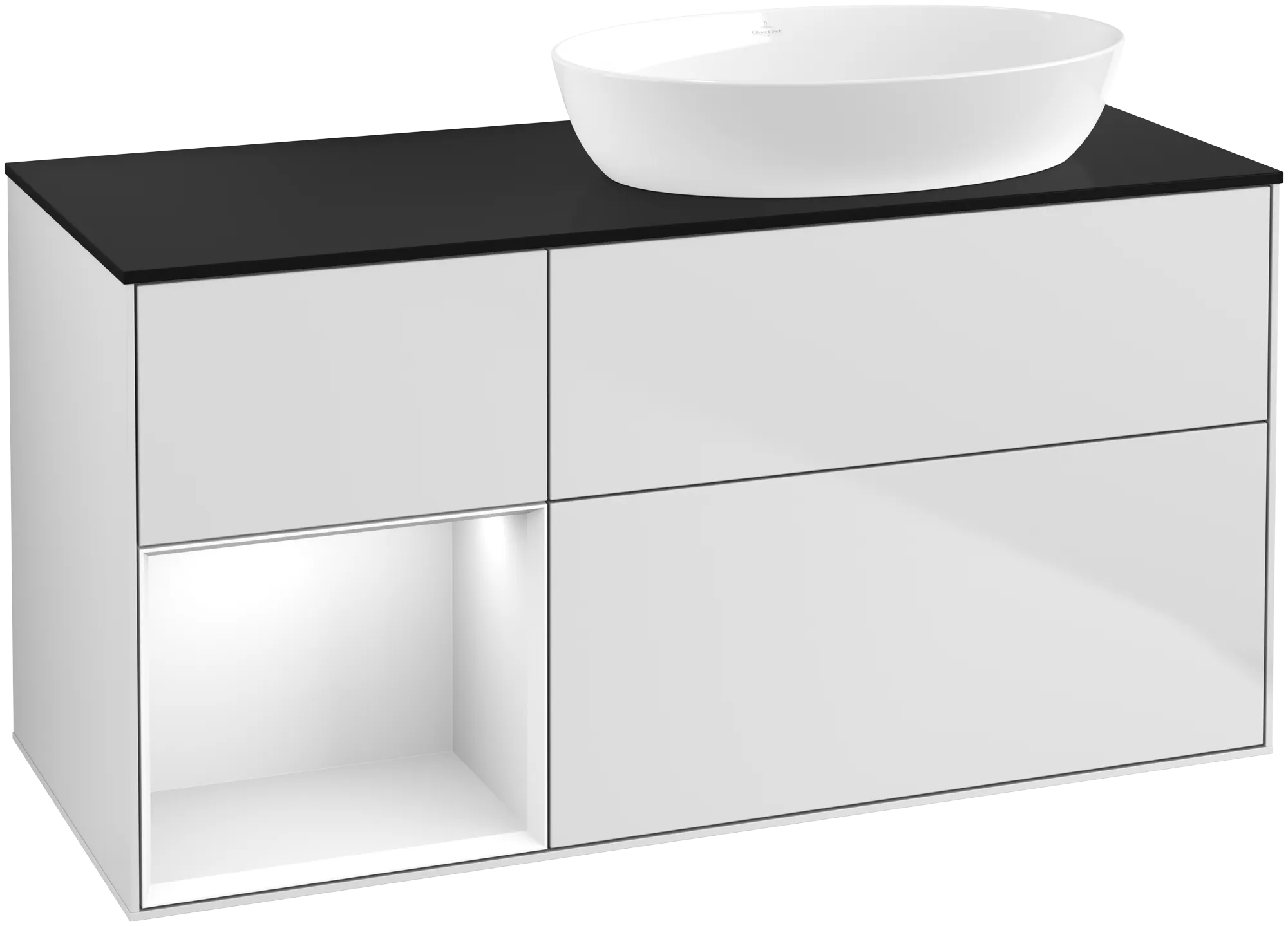 Picture of VILLEROY BOCH Finion Vanity unit, with lighting, 3 pull-out compartments, 1200 x 603 x 501 mm, White Matt Lacquer / Glossy White Lacquer / Glass Black Matt #GA42GFMT