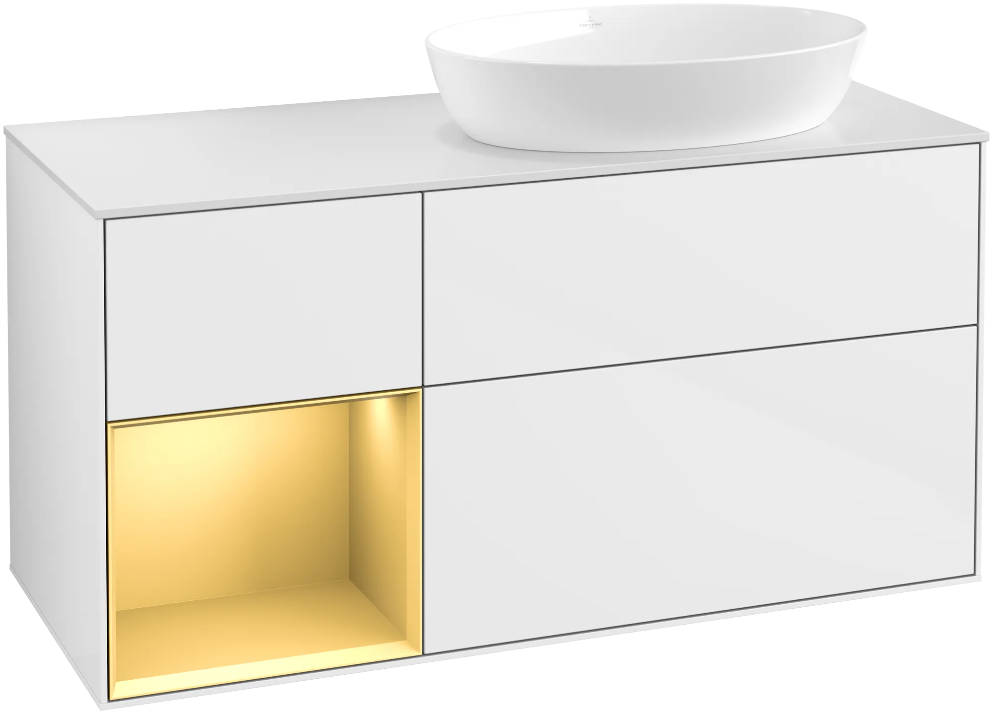 Picture of VILLEROY BOCH Finion Vanity unit, with lighting, 3 pull-out compartments, 1200 x 603 x 501 mm, Glossy White Lacquer / Gold Matt Lacquer / Glass White Matt #GA41HFGF