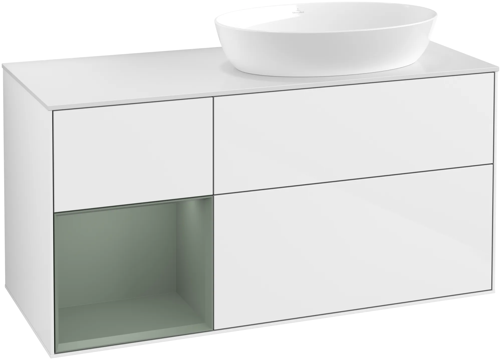 Picture of VILLEROY BOCH Finion Vanity unit, with lighting, 3 pull-out compartments, 1200 x 603 x 501 mm, Glossy White Lacquer / Olive Matt Lacquer / Glass White Matt #GA41GMGF