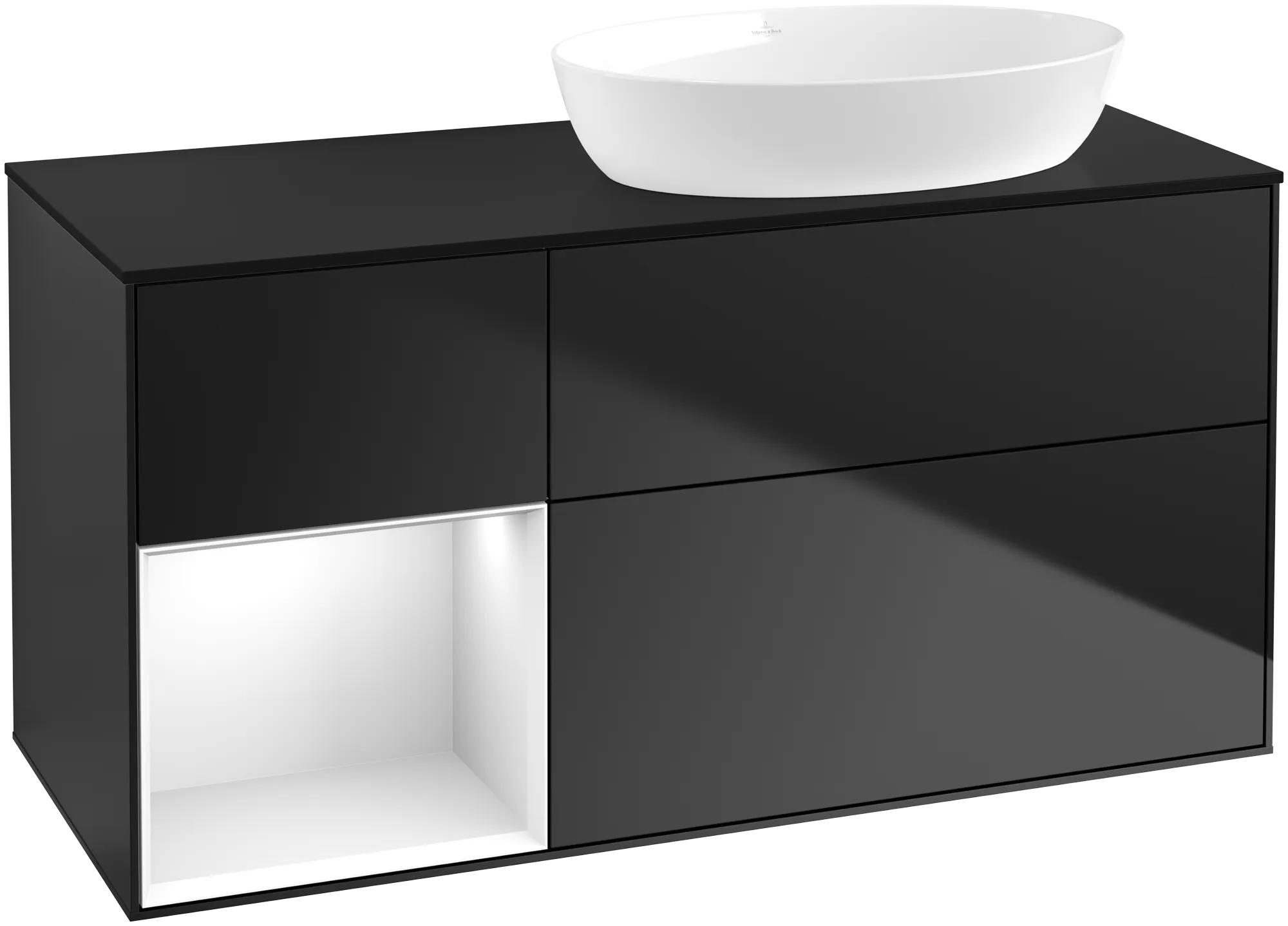 Picture of VILLEROY BOCH Finion Vanity unit, with lighting, 3 pull-out compartments, 1200 x 603 x 501 mm, Black Matt Lacquer / Glossy White Lacquer / Glass Black Matt #GA42GFPD