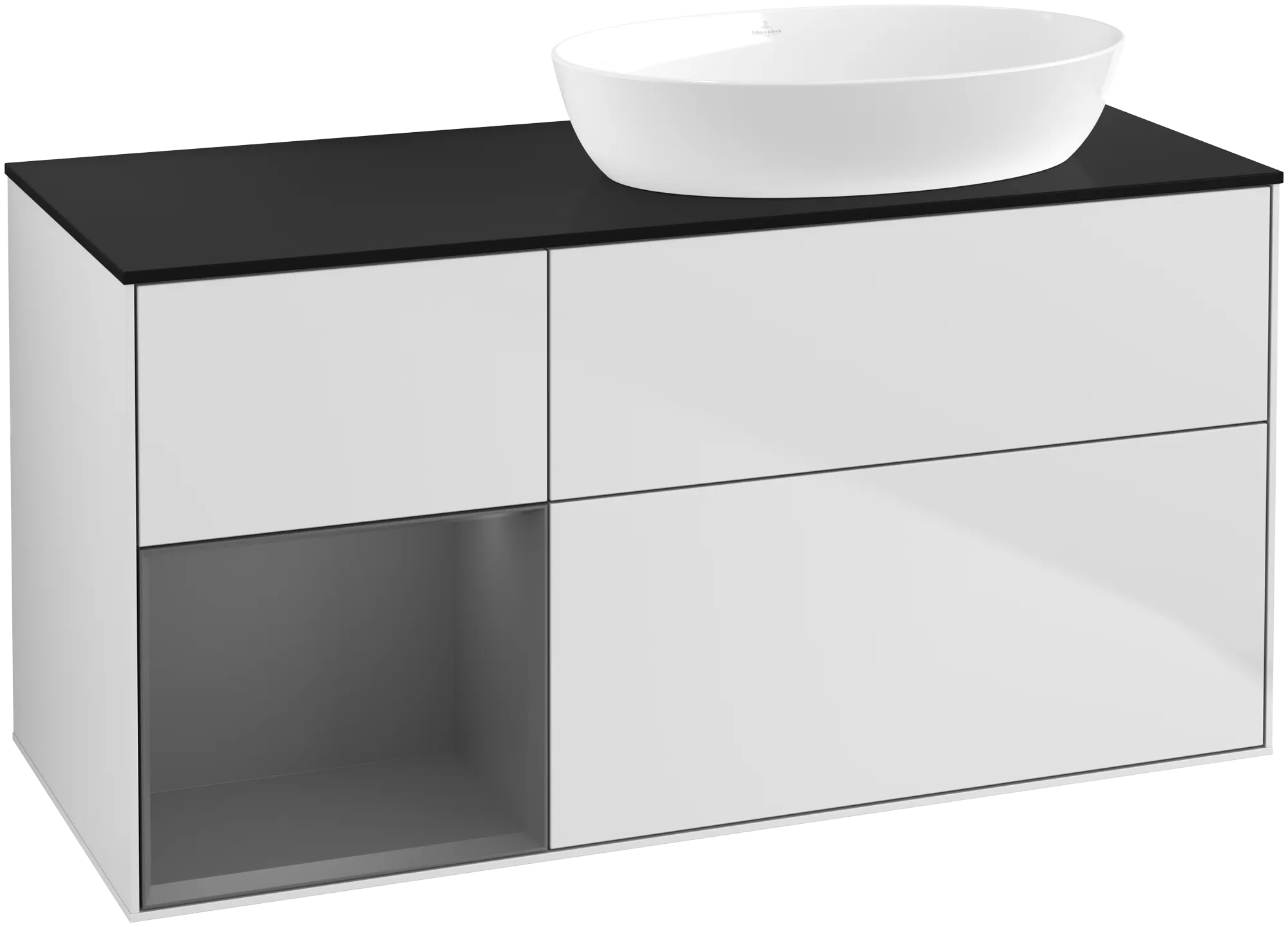 Picture of VILLEROY BOCH Finion Vanity unit, with lighting, 3 pull-out compartments, 1200 x 603 x 501 mm, White Matt Lacquer / Anthracite Matt Lacquer / Glass Black Matt #GA42GKMT