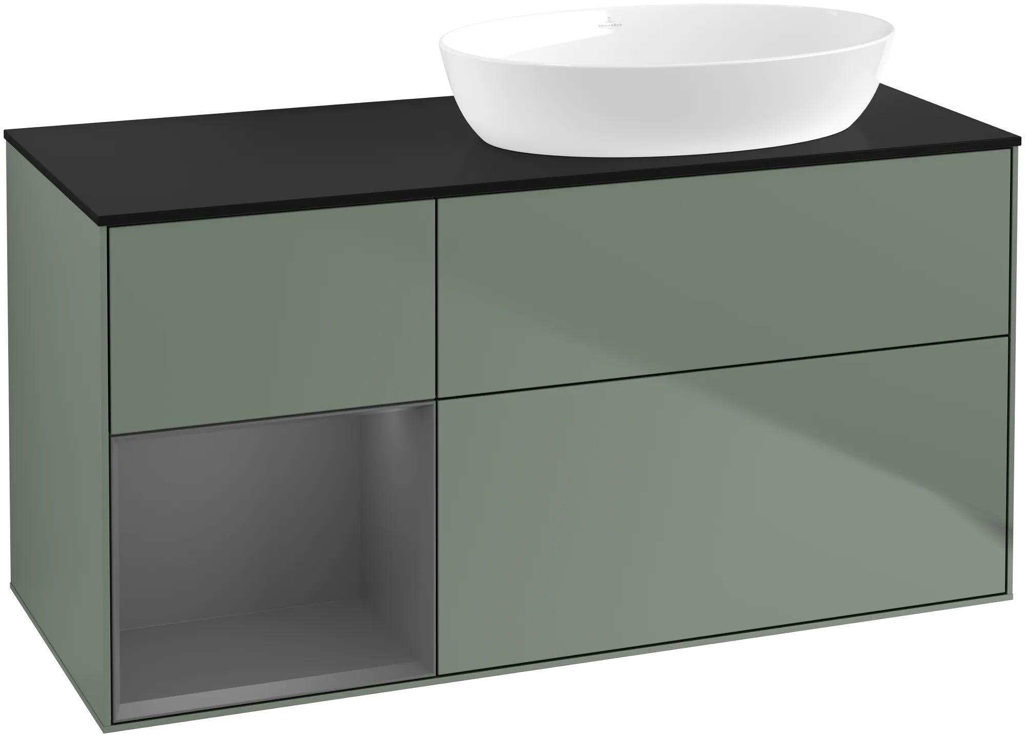 Picture of VILLEROY BOCH Finion Vanity unit, with lighting, 3 pull-out compartments, 1200 x 603 x 501 mm, Olive Matt Lacquer / Anthracite Matt Lacquer / Glass Black Matt #GA42GKGM