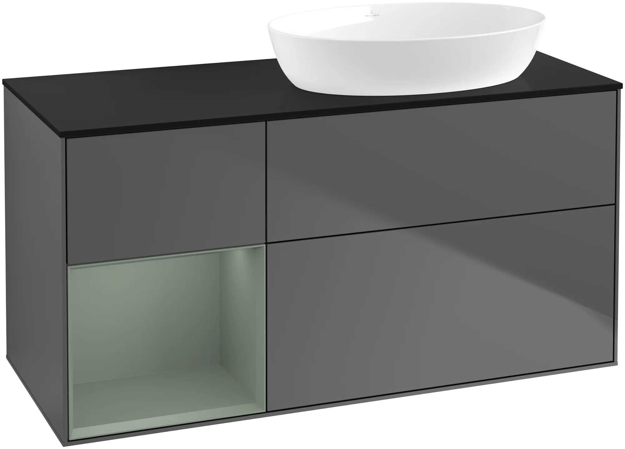 Picture of VILLEROY BOCH Finion Vanity unit, with lighting, 3 pull-out compartments, 1200 x 603 x 501 mm, Anthracite Matt Lacquer / Olive Matt Lacquer / Glass Black Matt #GA42GMGK
