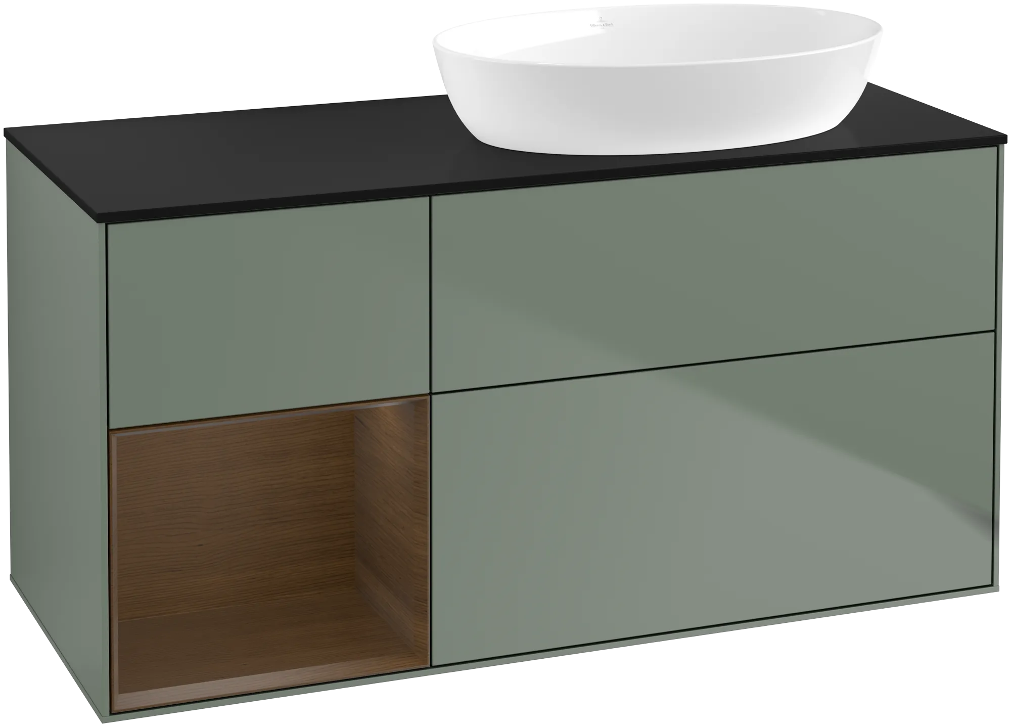 Picture of VILLEROY BOCH Finion Vanity unit, with lighting, 3 pull-out compartments, 1200 x 603 x 501 mm, Olive Matt Lacquer / Walnut Veneer / Glass Black Matt #GA42GNGM