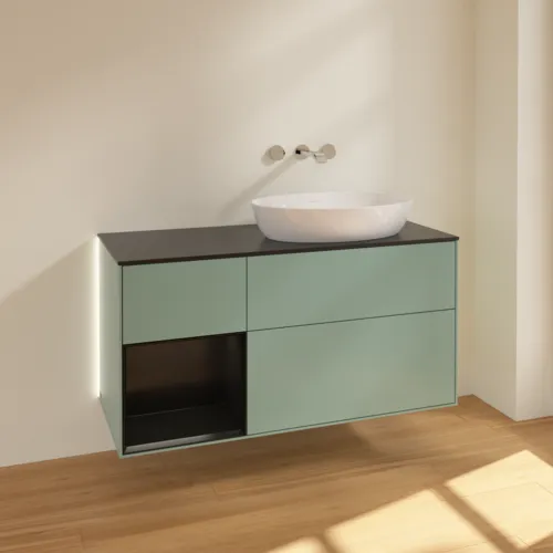 Bild von VILLEROY BOCH Finion Waschbeckenunterschrank, mit Beleuchtung, 3 Auszüge, 1200 x 603 x 501 mm, Olive Matt Lacquer / Black Matt Lacquer / Glass Black Matt #GA42PDGM