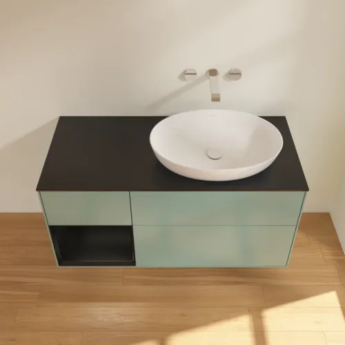 Bild von VILLEROY BOCH Finion Waschbeckenunterschrank, mit Beleuchtung, 3 Auszüge, 1200 x 603 x 501 mm, Olive Matt Lacquer / Black Matt Lacquer / Glass Black Matt #GA42PDGM