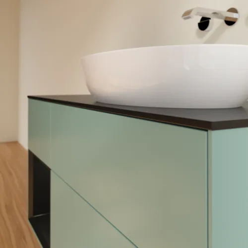 Bild von VILLEROY BOCH Finion Waschbeckenunterschrank, mit Beleuchtung, 3 Auszüge, 1200 x 603 x 501 mm, Olive Matt Lacquer / Black Matt Lacquer / Glass Black Matt #GA42PDGM