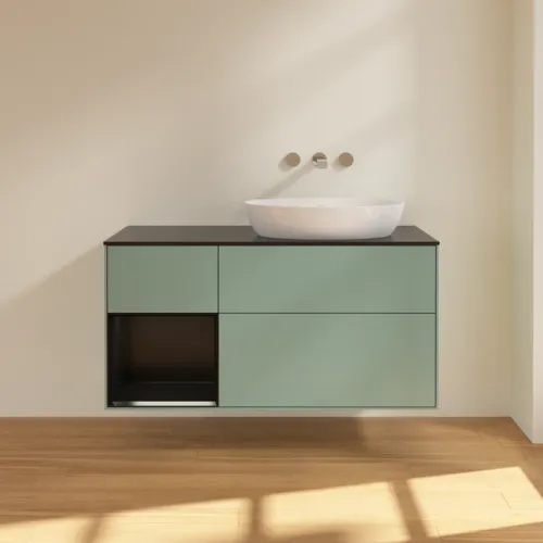 Bild von VILLEROY BOCH Finion Waschbeckenunterschrank, mit Beleuchtung, 3 Auszüge, 1200 x 603 x 501 mm, Olive Matt Lacquer / Black Matt Lacquer / Glass Black Matt #GA42PDGM
