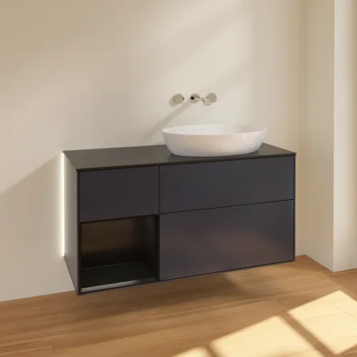 Bild von VILLEROY BOCH Finion Waschbeckenunterschrank, mit Beleuchtung, 3 Auszüge, 1200 x 603 x 501 mm, Midnight Blue Matt Lacquer / Black Matt Lacquer / Glass Black Matt #GA42PDHG