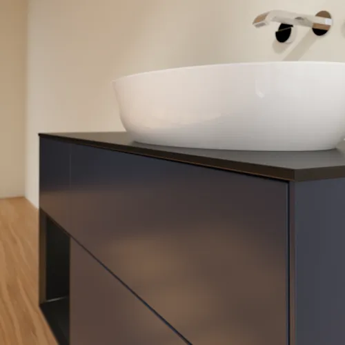 Bild von VILLEROY BOCH Finion Waschbeckenunterschrank, mit Beleuchtung, 3 Auszüge, 1200 x 603 x 501 mm, Midnight Blue Matt Lacquer / Black Matt Lacquer / Glass Black Matt #GA42PDHG