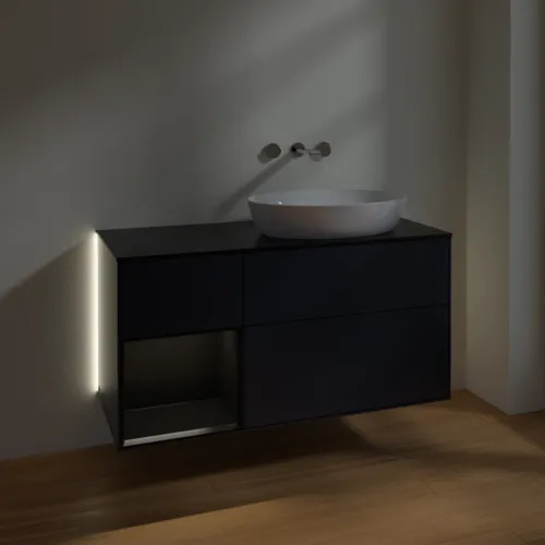 Bild von VILLEROY BOCH Finion Waschbeckenunterschrank, mit Beleuchtung, 3 Auszüge, 1200 x 603 x 501 mm, Midnight Blue Matt Lacquer / Black Matt Lacquer / Glass Black Matt #GA42PDHG