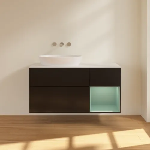 VILLEROY BOCH Finion Waschbeckenunterschrank, mit Beleuchtung, 3 Auszüge, 1200 x 603 x 501 mm, Black Matt Lacquer / Olive Matt Lacquer / Glass White Matt #GA51GMPD, Bild 3