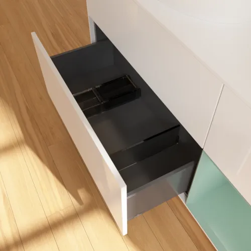 Bild von VILLEROY BOCH Finion Waschbeckenunterschrank, mit Beleuchtung, 3 Auszüge, 1200 x 603 x 501 mm, Glossy White Lacquer / Olive Matt Lacquer / Glass White Matt #GA51GMGF