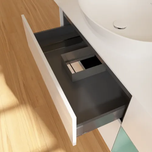 Bild von VILLEROY BOCH Finion Waschbeckenunterschrank, mit Beleuchtung, 3 Auszüge, 1200 x 603 x 501 mm, Glossy White Lacquer / Olive Matt Lacquer / Glass White Matt #GA51GMGF