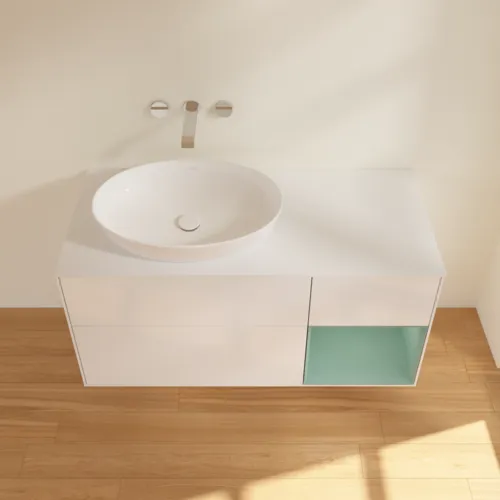 Bild von VILLEROY BOCH Finion Waschbeckenunterschrank, mit Beleuchtung, 3 Auszüge, 1200 x 603 x 501 mm, Glossy White Lacquer / Olive Matt Lacquer / Glass White Matt #GA51GMGF