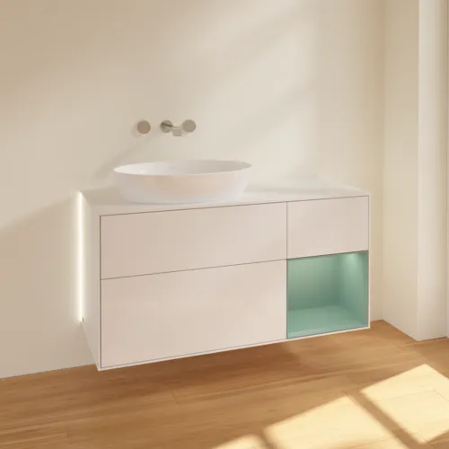 Bild von VILLEROY BOCH Finion Waschbeckenunterschrank, mit Beleuchtung, 3 Auszüge, 1200 x 603 x 501 mm, Glossy White Lacquer / Olive Matt Lacquer / Glass White Matt #GA51GMGF