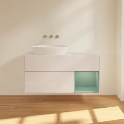 Bild von VILLEROY BOCH Finion Waschbeckenunterschrank, mit Beleuchtung, 3 Auszüge, 1200 x 603 x 501 mm, Glossy White Lacquer / Olive Matt Lacquer / Glass White Matt #GA51GMGF