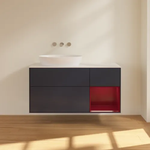 Bild von VILLEROY BOCH Finion Waschbeckenunterschrank, mit Beleuchtung, 3 Auszüge, 1200 x 603 x 501 mm, Midnight Blue Matt Lacquer / Peony Matt Lacquer / Glass White Matt #GA51HBHG